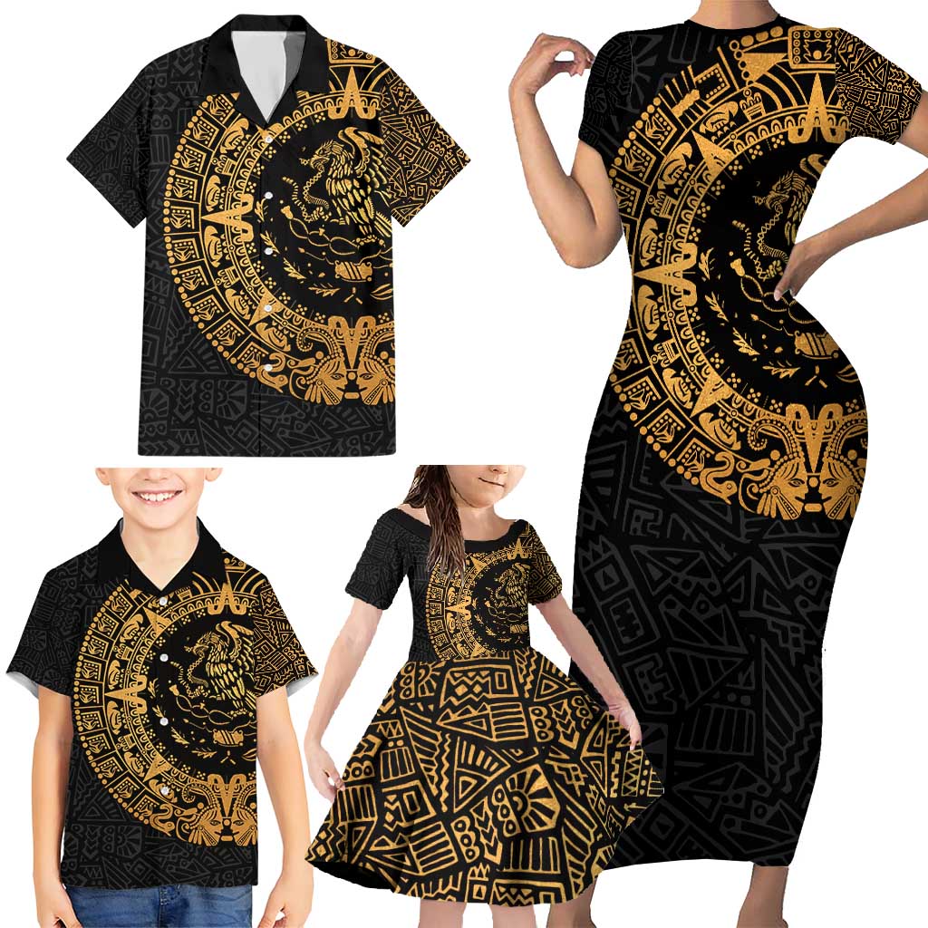 Mexican Aztec Family Matching Short Sleeve Bodycon Dress and Hawaiian Shirt Golden Coat of Arm - Wonder Print Shop