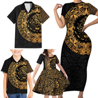 Mexican Aztec Family Matching Short Sleeve Bodycon Dress and Hawaiian Shirt Golden Coat of Arm - Wonder Print Shop