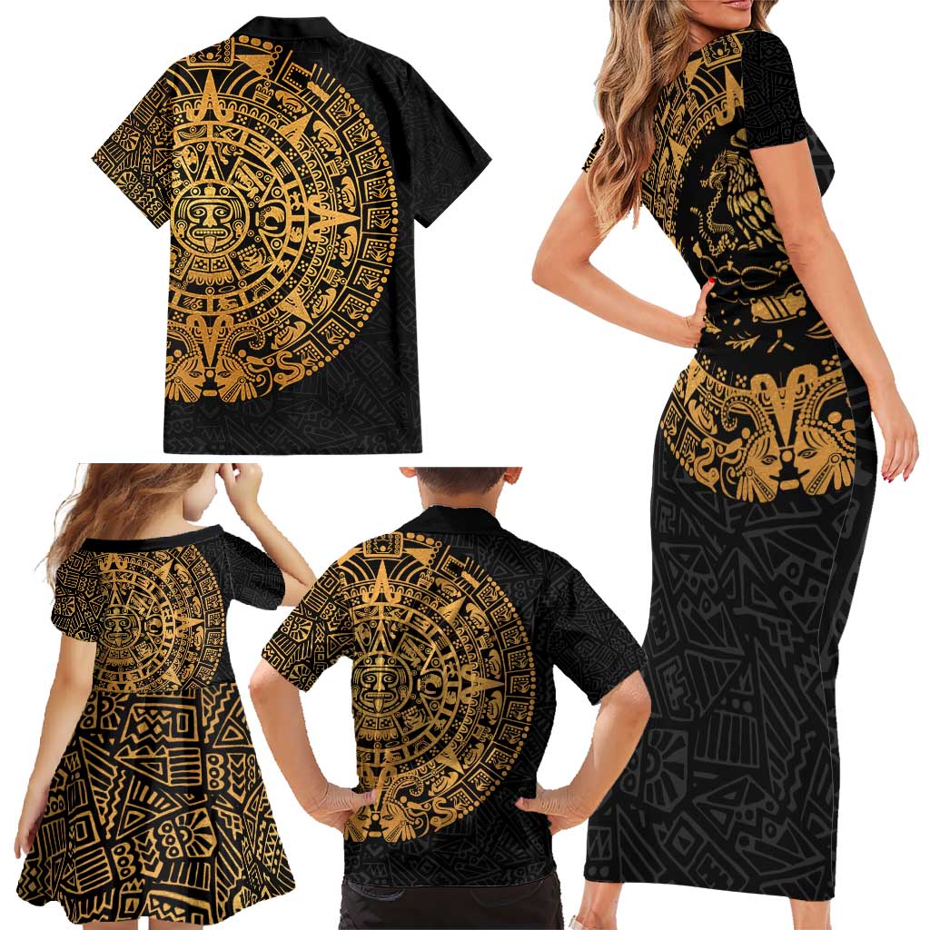 Mexican Aztec Family Matching Short Sleeve Bodycon Dress and Hawaiian Shirt Golden Coat of Arm - Wonder Print Shop