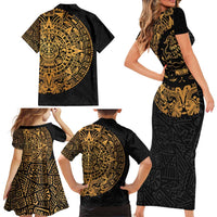Mexican Aztec Family Matching Short Sleeve Bodycon Dress and Hawaiian Shirt Golden Coat of Arm - Wonder Print Shop