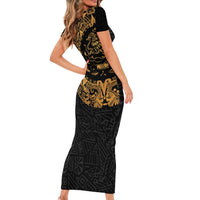 Mexican Aztec Family Matching Short Sleeve Bodycon Dress and Hawaiian Shirt Golden Coat of Arm - Wonder Print Shop