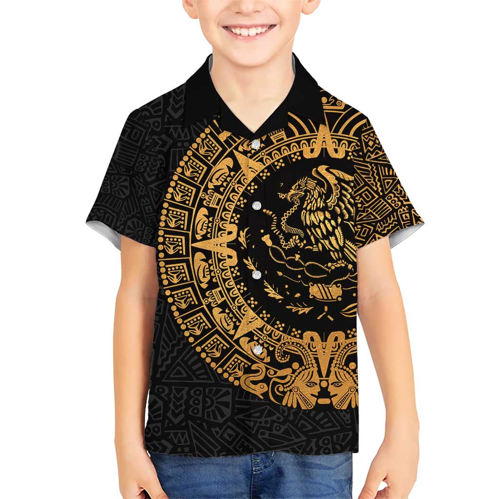 Mexican Aztec Family Matching Short Sleeve Bodycon Dress and Hawaiian Shirt Golden Coat of Arm - Wonder Print Shop