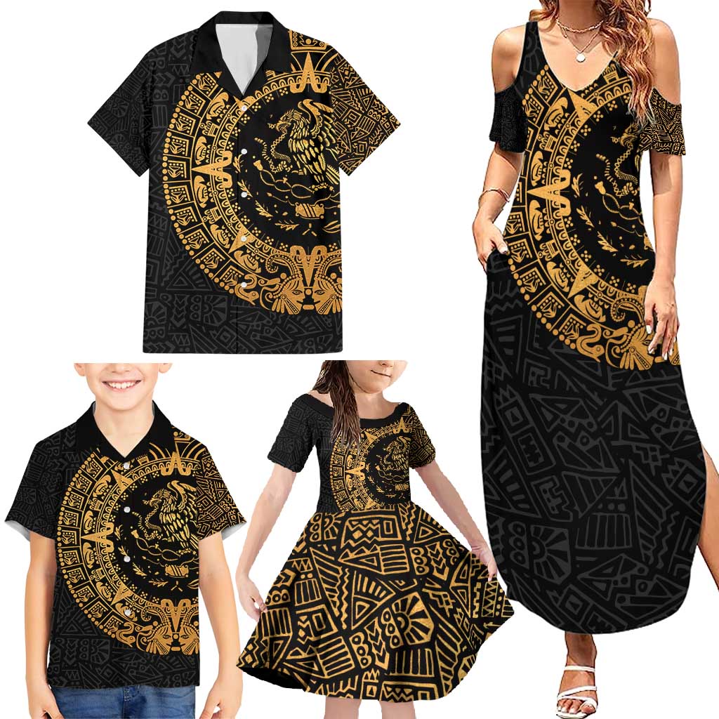 Mexican Aztec Family Matching Summer Maxi Dress and Hawaiian Shirt Golden Coat of Arm - Wonder Print Shop