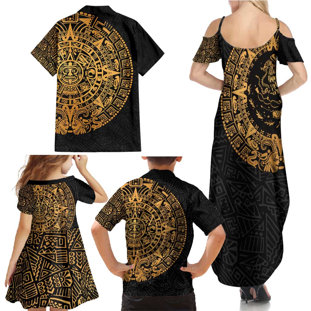 Mexican Aztec Family Matching Summer Maxi Dress and Hawaiian Shirt Golden Coat of Arm - Wonder Print Shop