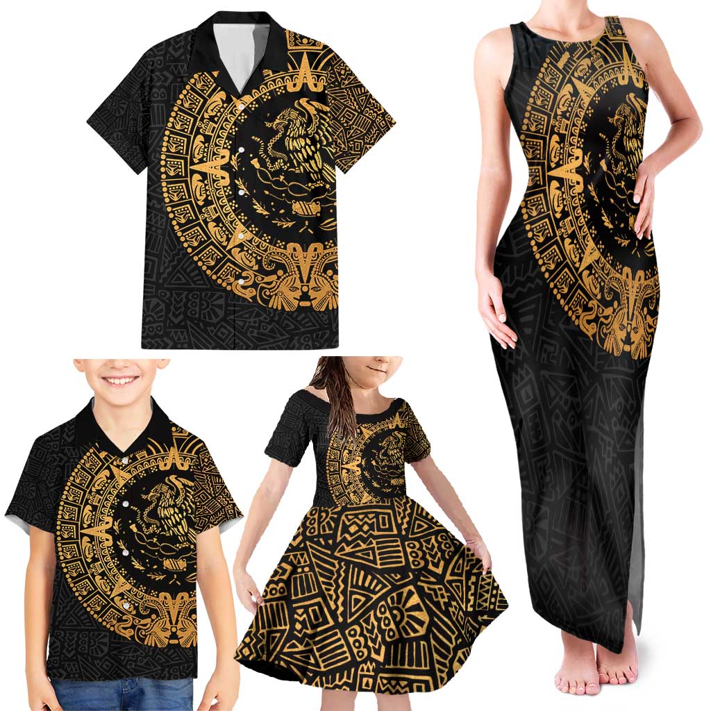 Mexican Aztec Family Matching Tank Maxi Dress and Hawaiian Shirt Golden Coat of Arm - Wonder Print Shop