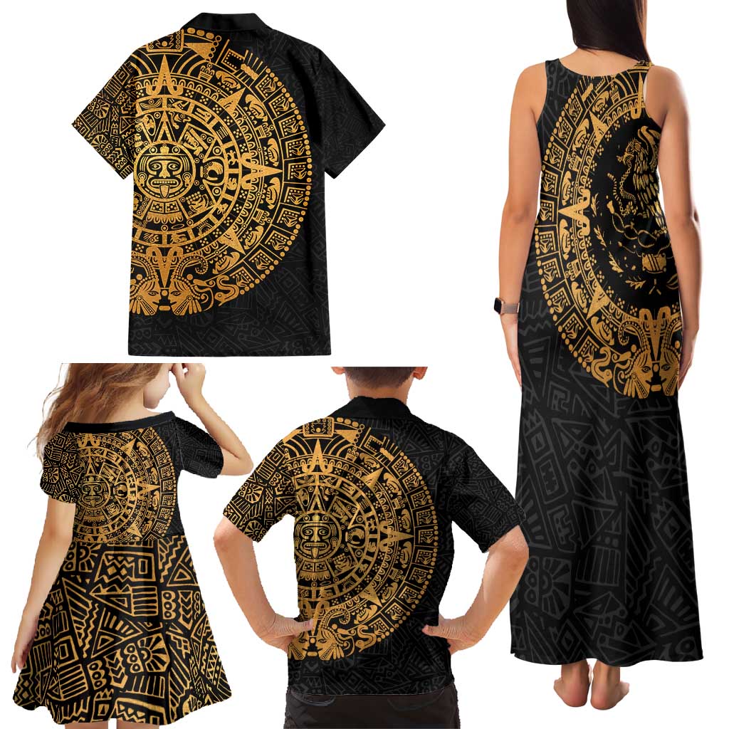 Mexican Aztec Family Matching Tank Maxi Dress and Hawaiian Shirt Golden Coat of Arm - Wonder Print Shop