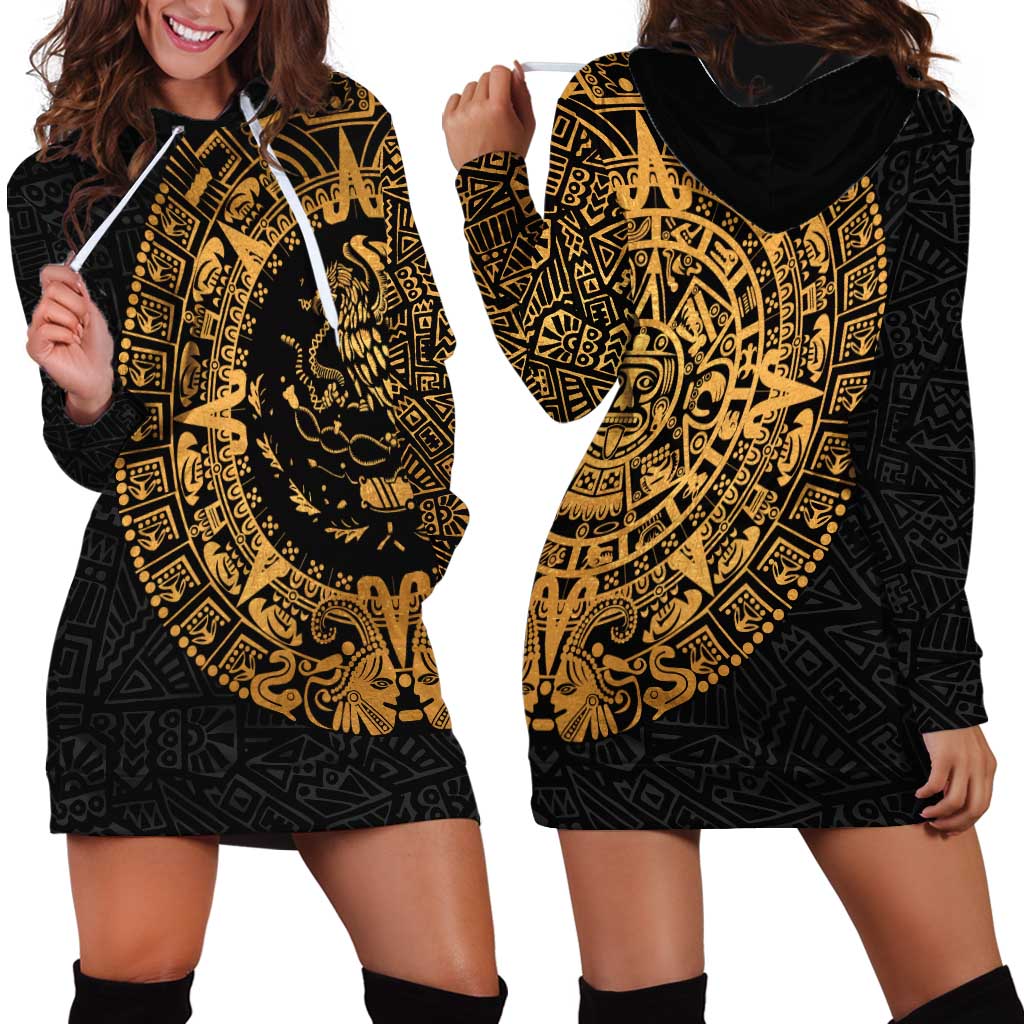 Mexican Aztec Hoodie Dress Golden Coat of Arm - Wonder Print Shop