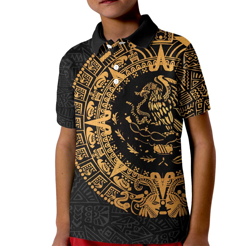 Mexican Aztec Kid Polo Shirt Golden Coat of Arm - Wonder Print Shop