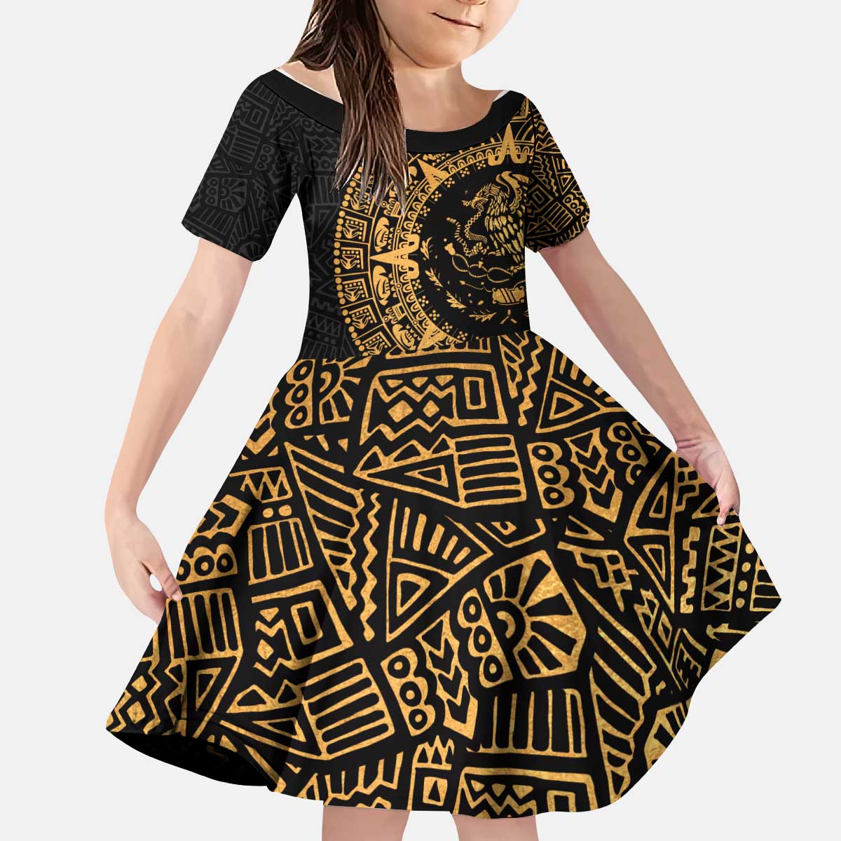 Mexican Aztec Kid Short Sleeve Dress Golden Coat of Arm - Wonder Print Shop