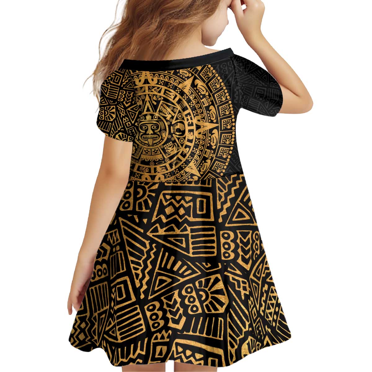 Mexican Aztec Kid Short Sleeve Dress Golden Coat of Arm - Wonder Print Shop