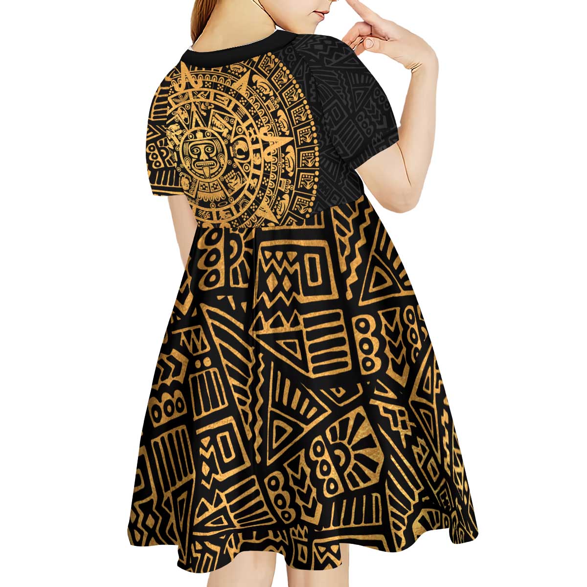 Mexican Aztec Kid Short Sleeve Dress Golden Coat of Arm - Wonder Print Shop