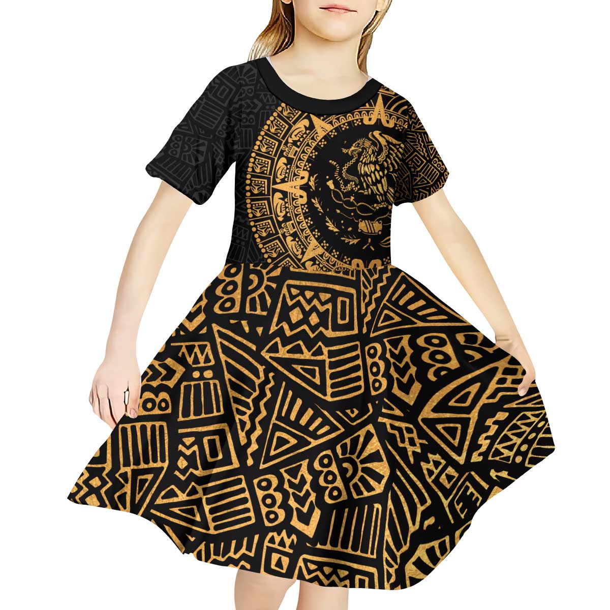 Mexican Aztec Kid Short Sleeve Dress Golden Coat of Arm - Wonder Print Shop