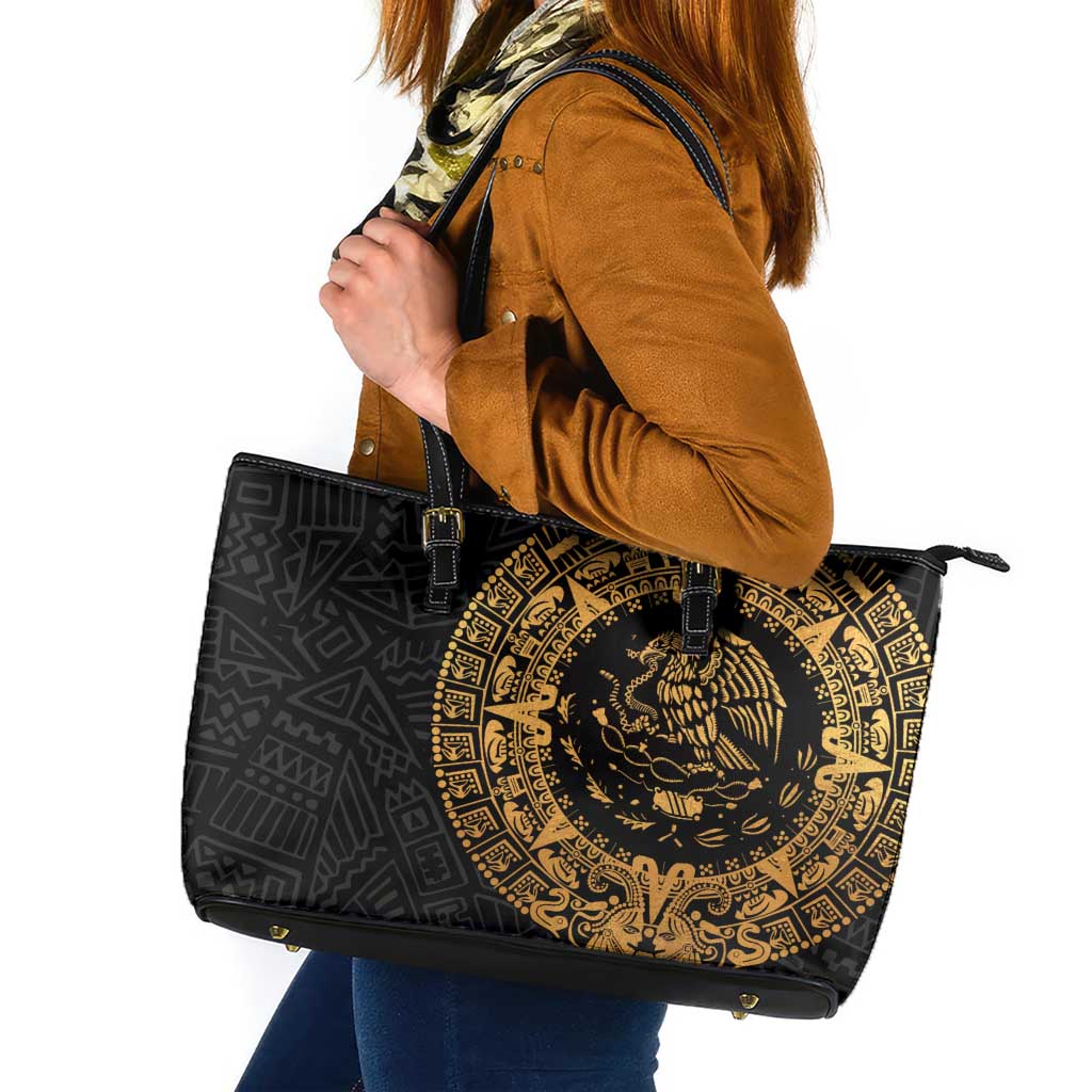 Mexican Aztec Leather Tote Bag Golden Coat of Arm - Wonder Print Shop