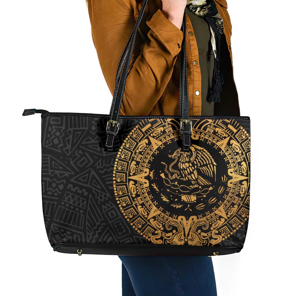 Mexican Aztec Leather Tote Bag Golden Coat of Arm - Wonder Print Shop
