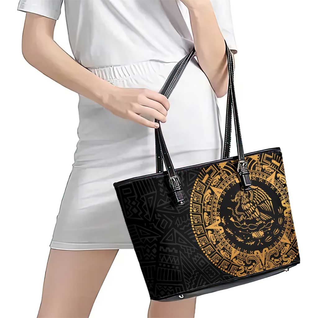 Mexican Aztec Leather Tote Bag Golden Coat of Arm - Wonder Print Shop