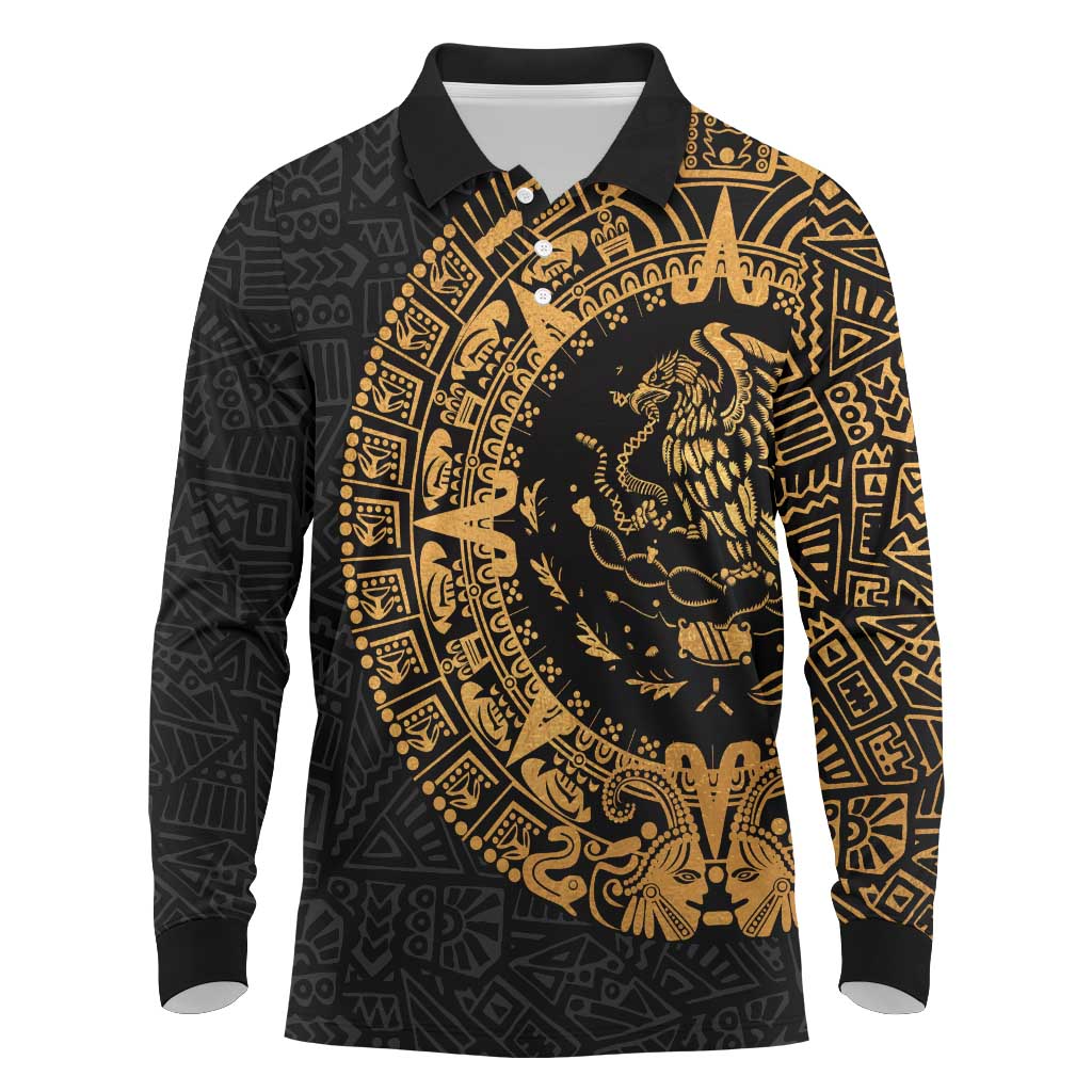 Mexican Aztec Long Sleeve Polo Shirt Golden Coat of Arm - Wonder Print Shop