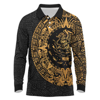 Mexican Aztec Long Sleeve Polo Shirt Golden Coat of Arm - Wonder Print Shop