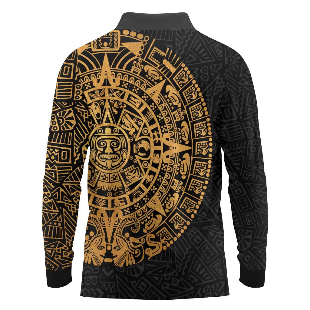 Mexican Aztec Long Sleeve Polo Shirt Golden Coat of Arm - Wonder Print Shop