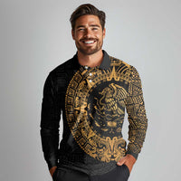Mexican Aztec Long Sleeve Polo Shirt Golden Coat of Arm - Wonder Print Shop