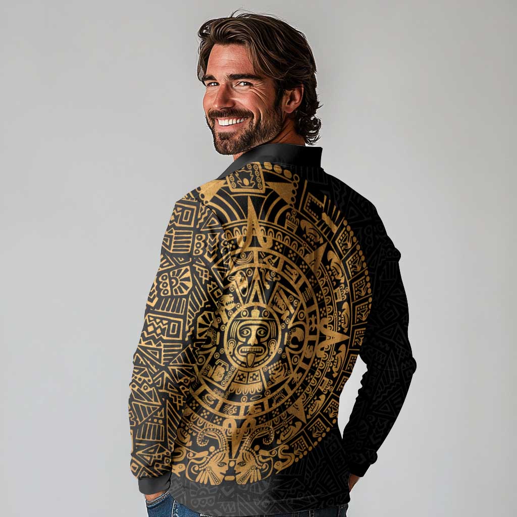 Mexican Aztec Long Sleeve Polo Shirt Golden Coat of Arm - Wonder Print Shop