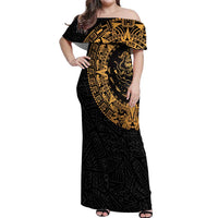 Mexican Aztec Off Shoulder Maxi Dress Golden Coat of Arm - Wonder Print Shop