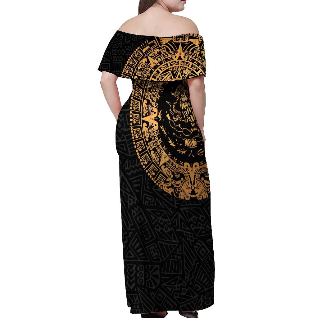 Mexican Aztec Off Shoulder Maxi Dress Golden Coat of Arm - Wonder Print Shop