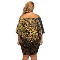 Mexican Aztec Off Shoulder Short Dress Golden Coat of Arm - Wonder Print Shop