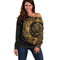 Mexican Aztec Off Shoulder Sweater Golden Coat of Arm - Wonder Print Shop