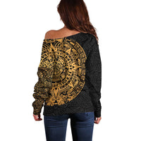 Mexican Aztec Off Shoulder Sweater Golden Coat of Arm - Wonder Print Shop