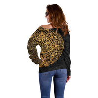 Mexican Aztec Off Shoulder Sweater Golden Coat of Arm - Wonder Print Shop