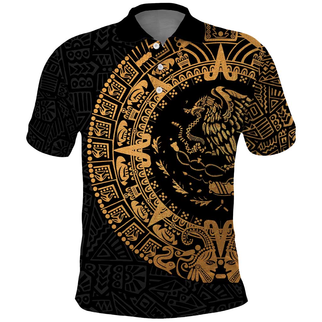 Mexican Aztec Polo Shirt Golden Coat of Arm - Wonder Print Shop