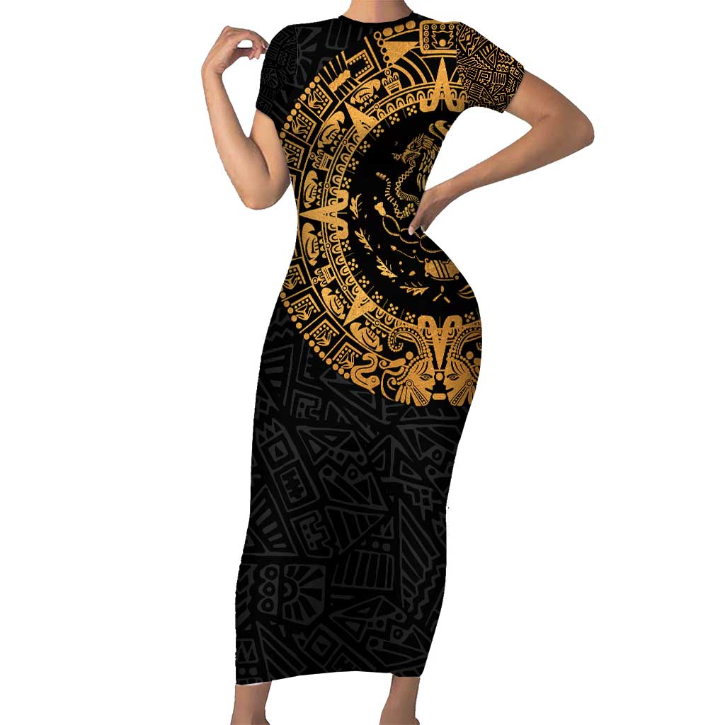 Mexican Aztec Short Sleeve Bodycon Dress Golden Coat of Arm - Wonder Print Shop