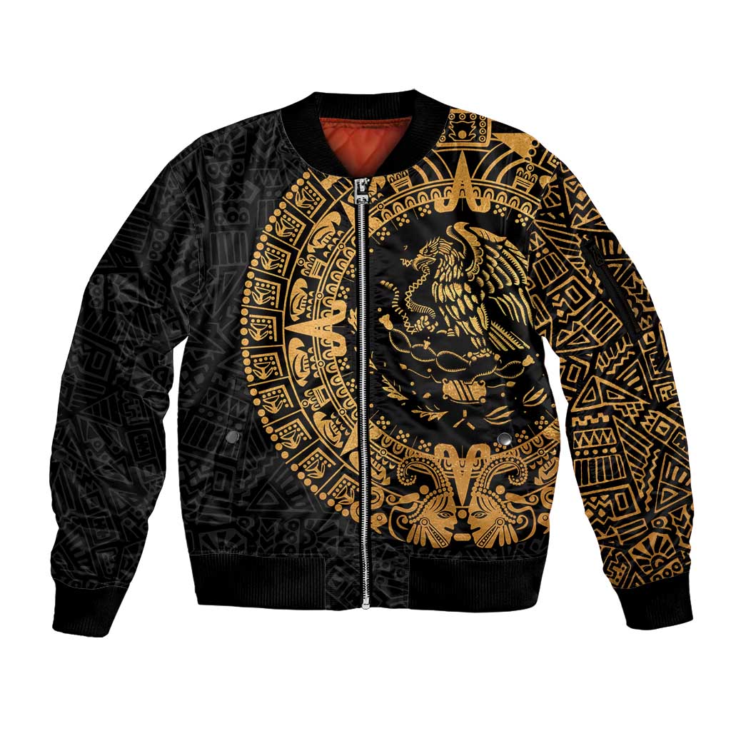 Mexican Aztec Sleeve Zip Bomber Jacket Golden Coat of Arm - Wonder Print Shop