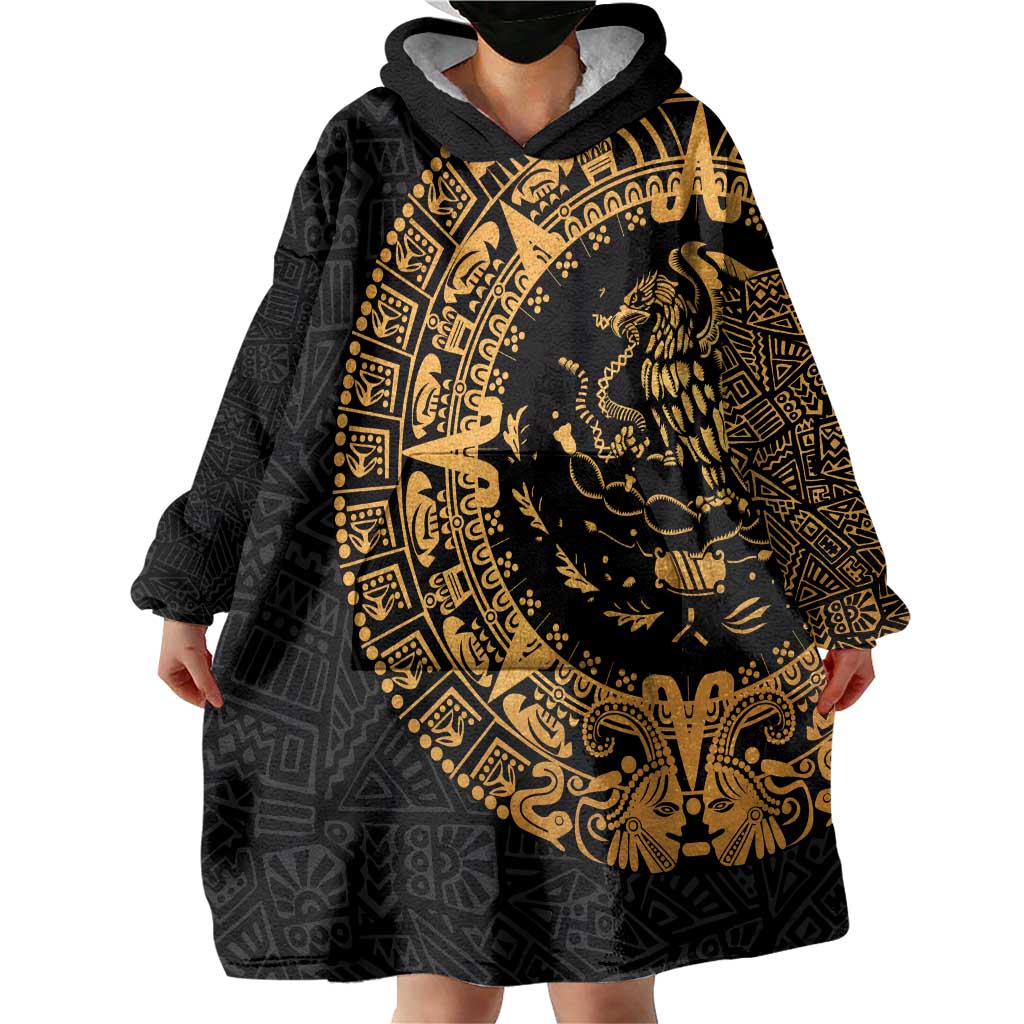 Mexican Aztec Wearable Blanket Hoodie Golden Coat of Arm - Wonder Print Shop