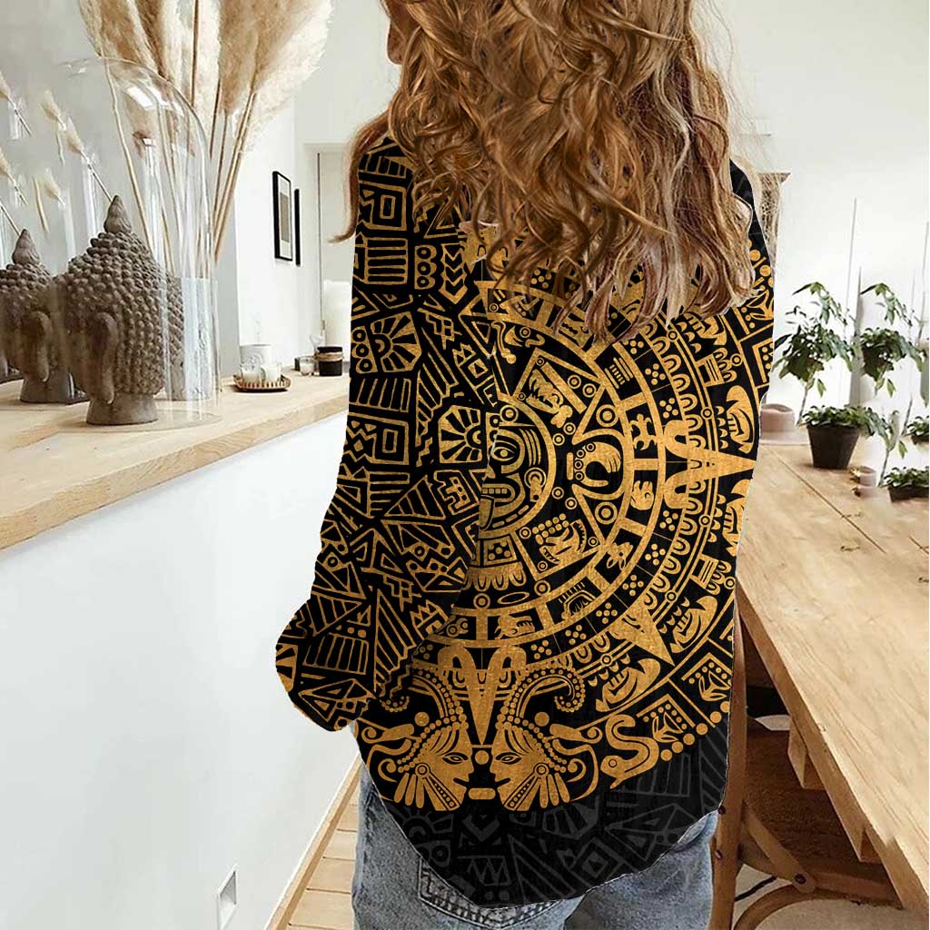 Mexican Aztec Women Casual Shirt Golden Coat of Arm - Wonder Print Shop
