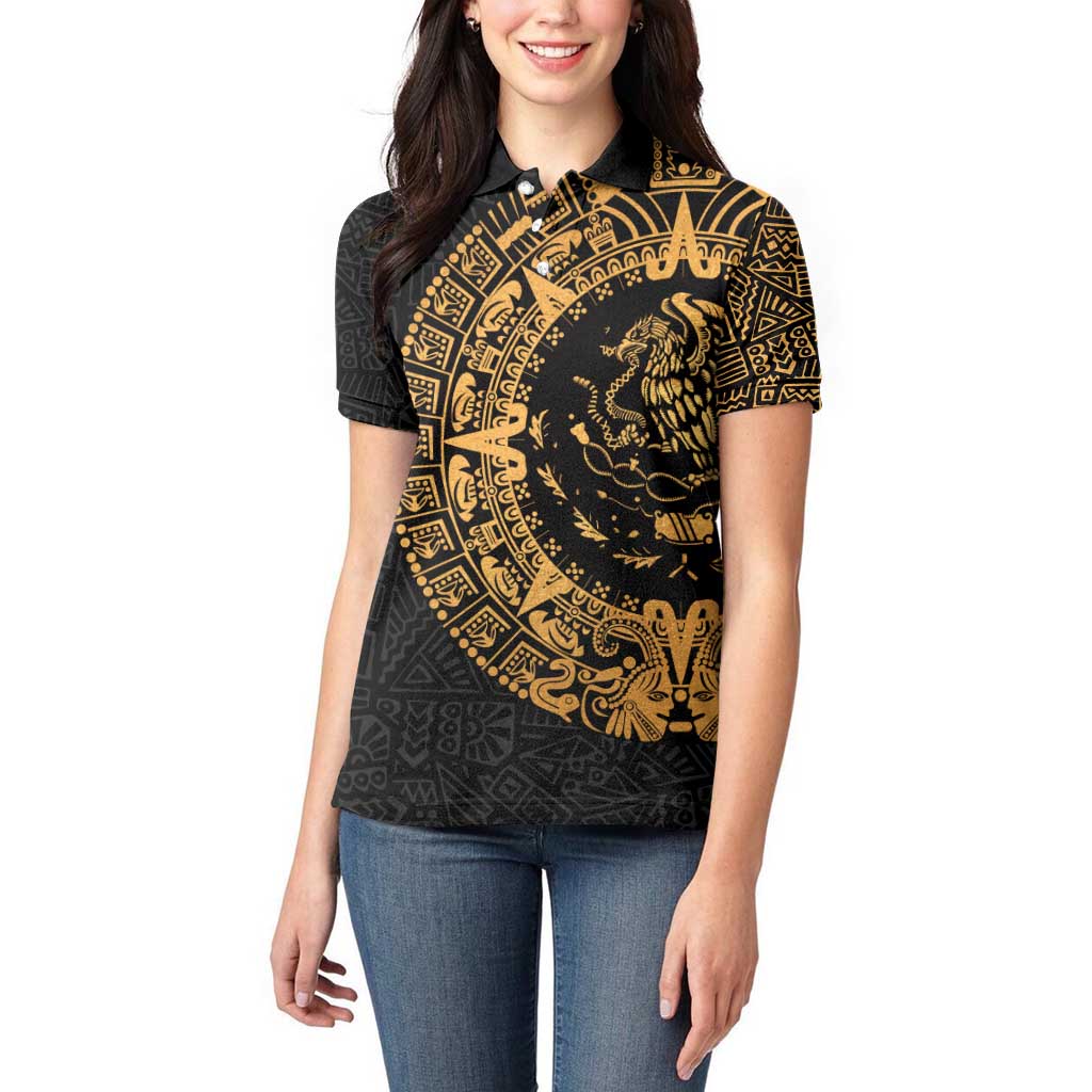 Mexican Aztec Women Polo Shirt Golden Coat of Arm - Wonder Print Shop
