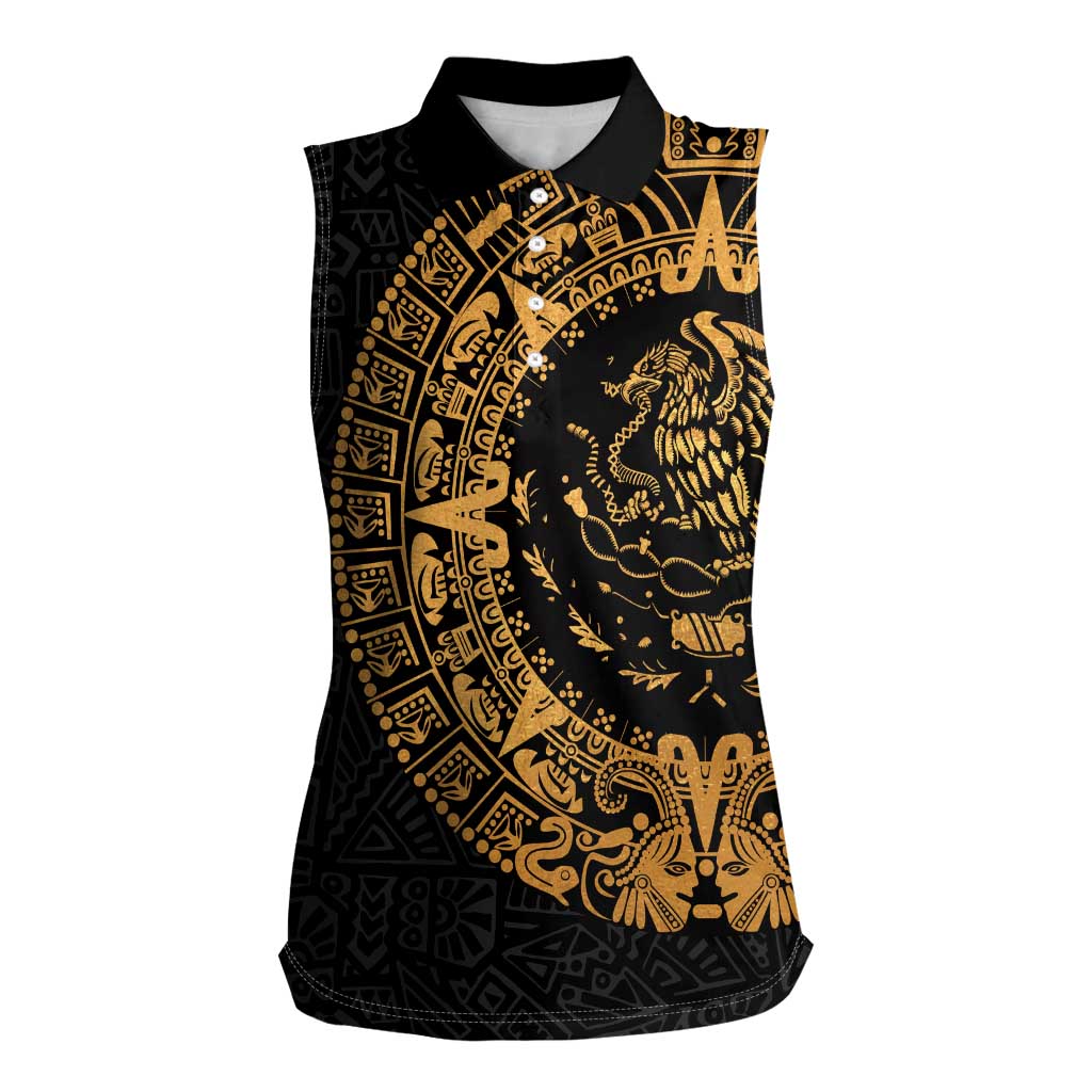 Mexican Aztec Women Sleeveless Polo Shirt Golden Coat of Arm - Wonder Print Shop