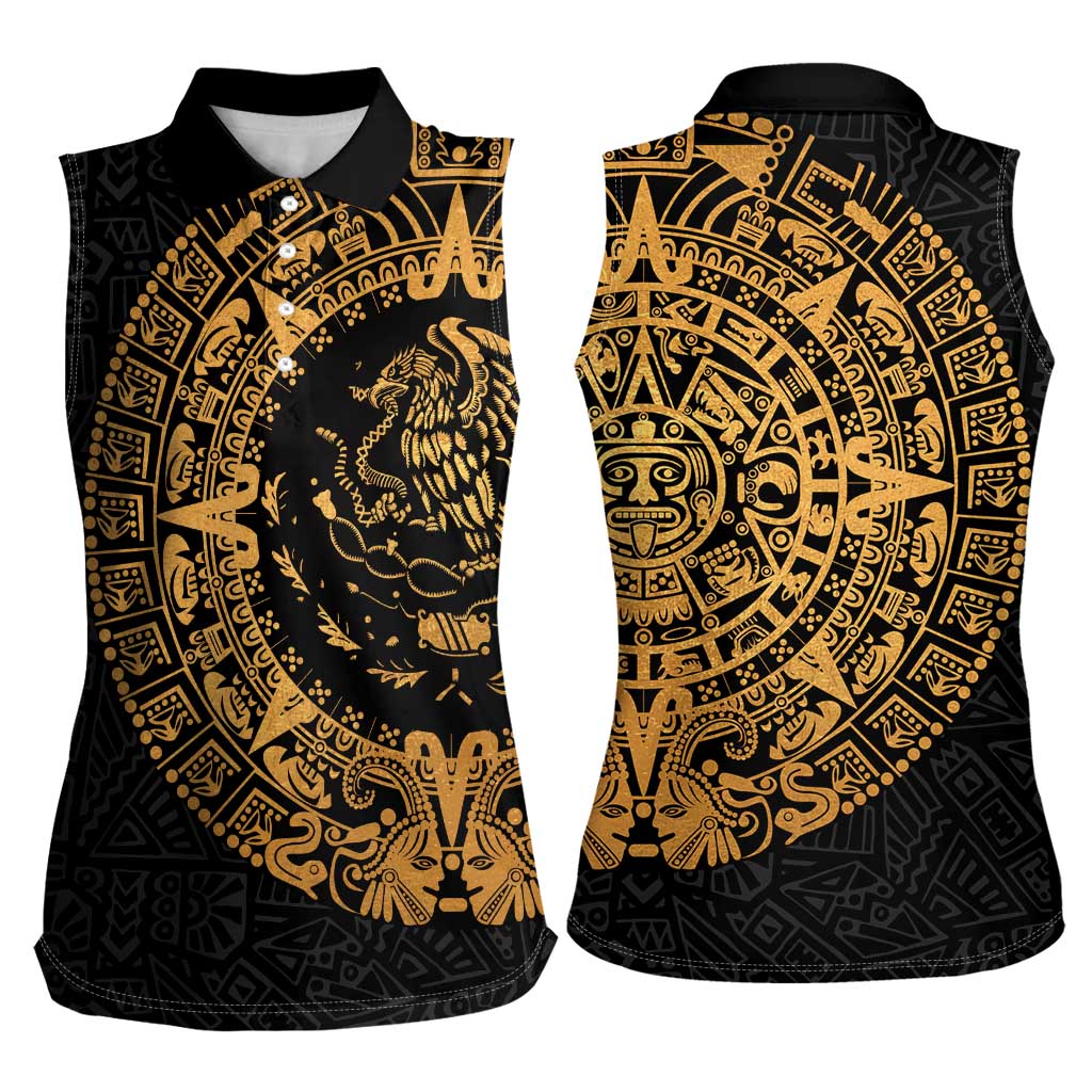 Mexican Aztec Women Sleeveless Polo Shirt Golden Coat of Arm - Wonder Print Shop