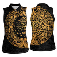 Mexican Aztec Women Sleeveless Polo Shirt Golden Coat of Arm - Wonder Print Shop