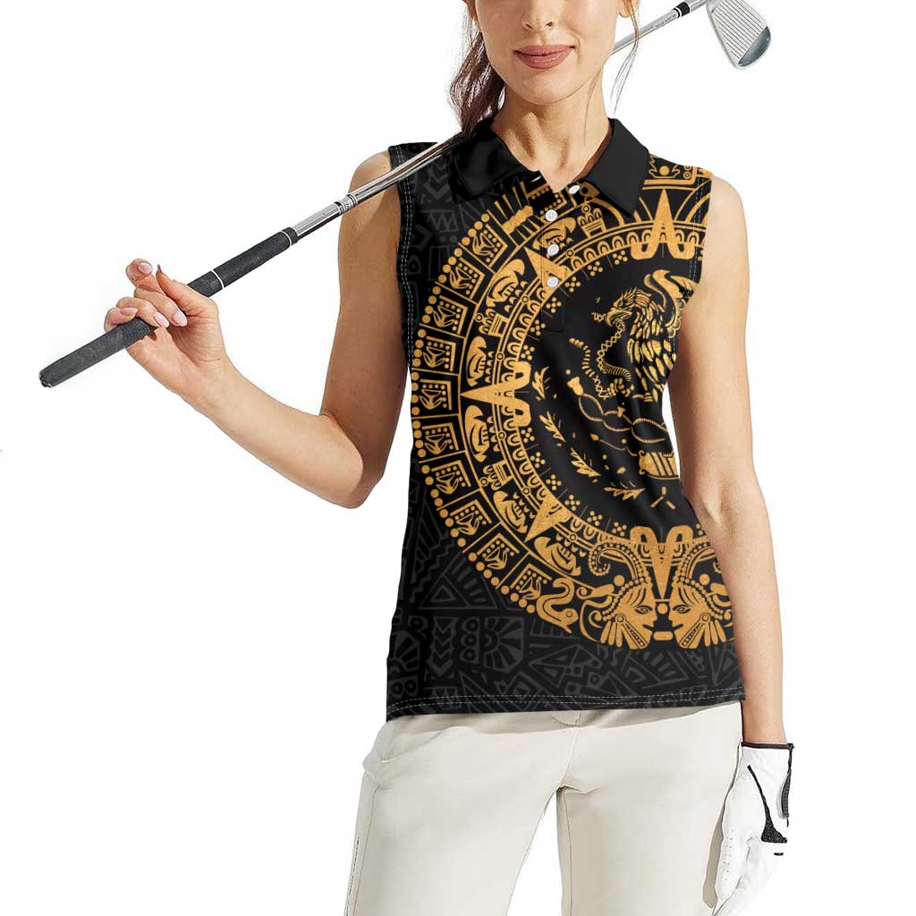 Mexican Aztec Women Sleeveless Polo Shirt Golden Coat of Arm - Wonder Print Shop