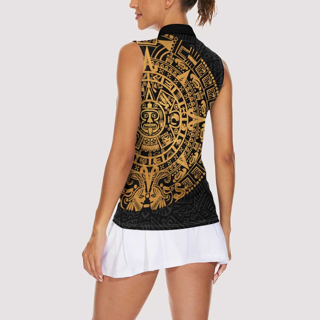 Mexican Aztec Women Sleeveless Polo Shirt Golden Coat of Arm - Wonder Print Shop