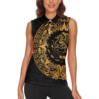 Mexican Aztec Women Sleeveless Polo Shirt Golden Coat of Arm - Wonder Print Shop
