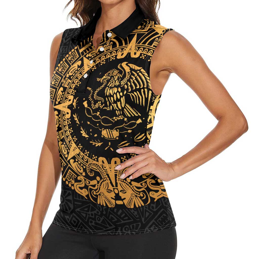 Mexican Aztec Women Sleeveless Polo Shirt Golden Coat of Arm - Wonder Print Shop