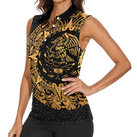 Mexican Aztec Women Sleeveless Polo Shirt Golden Coat of Arm - Wonder Print Shop