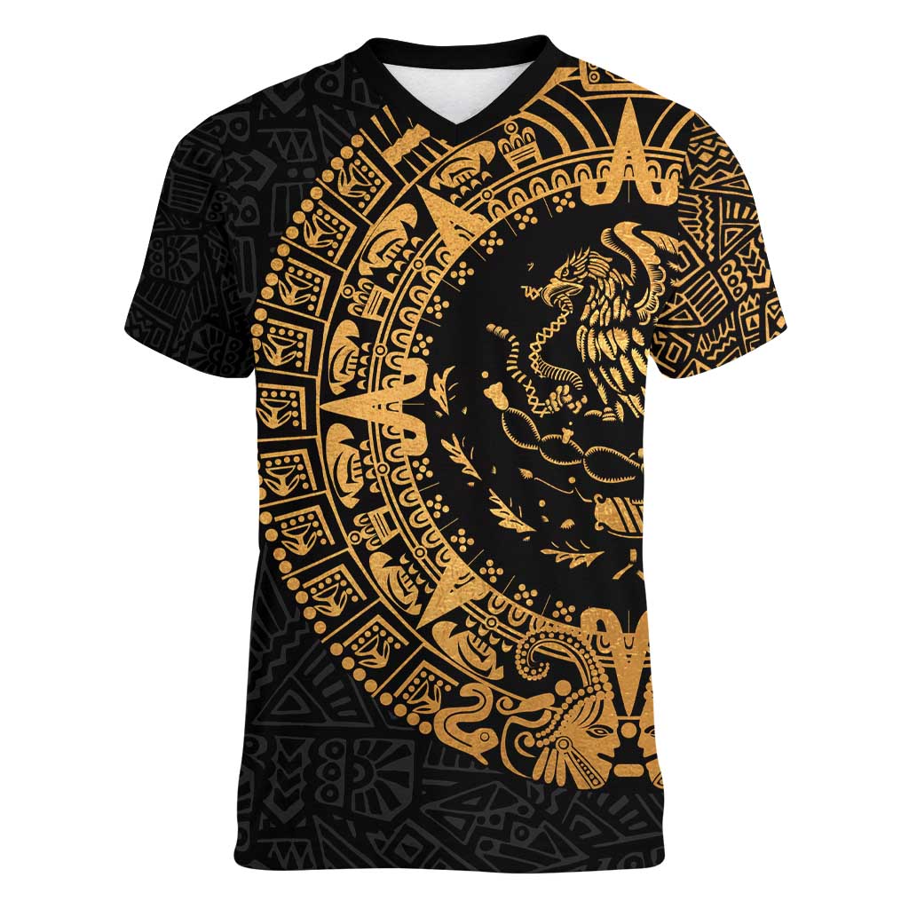 Mexican Aztec Women V-Neck T-Shirt Golden Coat of Arm - Wonder Print Shop