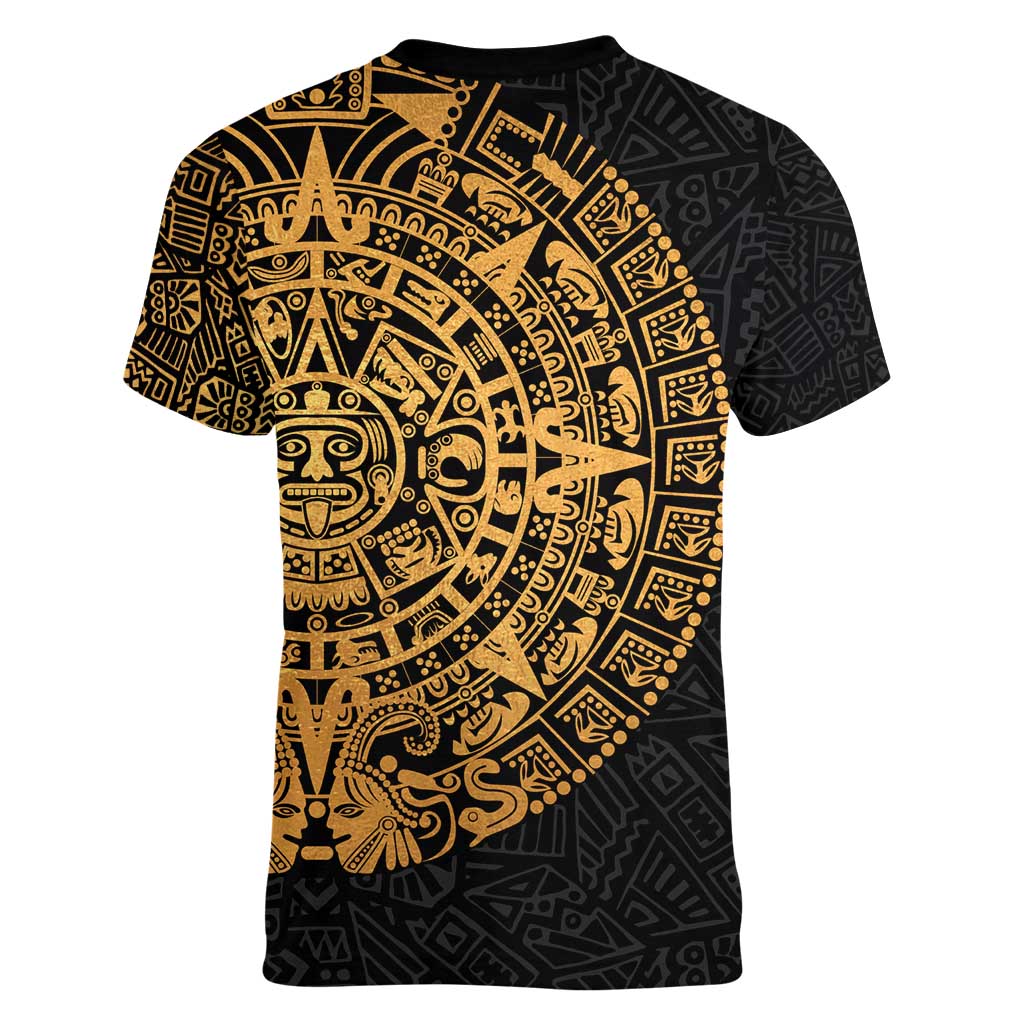 Mexican Aztec Women V-Neck T-Shirt Golden Coat of Arm - Wonder Print Shop