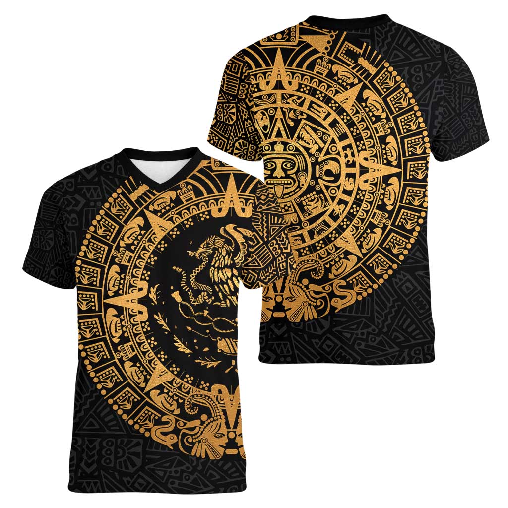 Mexican Aztec Women V-Neck T-Shirt Golden Coat of Arm - Wonder Print Shop