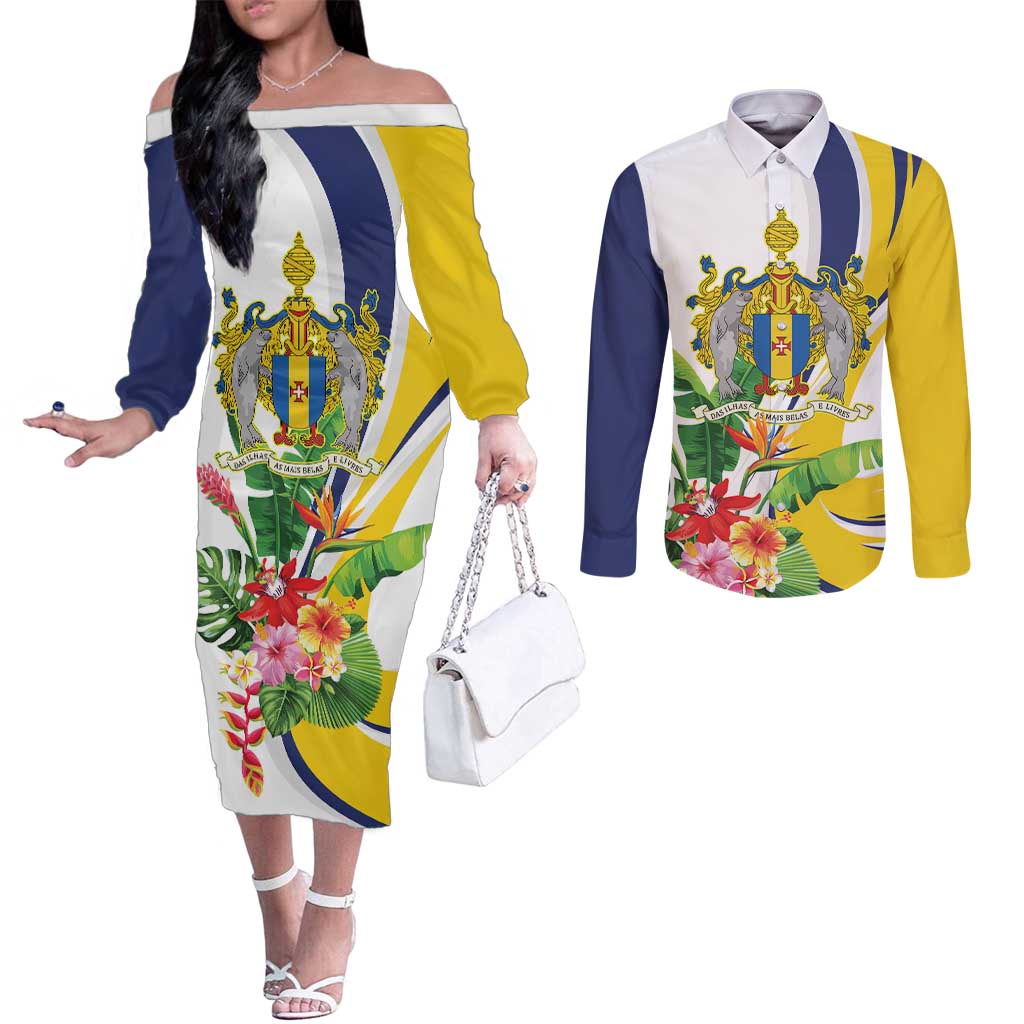 Madeira Pearl of the Atlantic Personalized Couples Matching Off The Shoulder Long Sleeve Dress and Long Sleeve Button Shirt - Wonder Print Shop