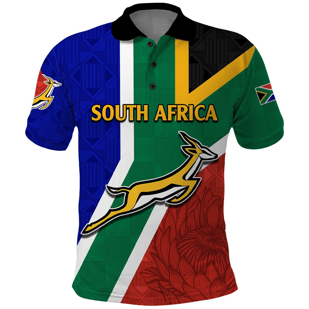 South Africa Springboks Polo Shirt with Kente Pattern and South African Flag - Wonder Print Shop