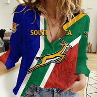 South Africa Springboks Women Casual Shirt with Kente Pattern and South African Flag - Wonder Print Shop